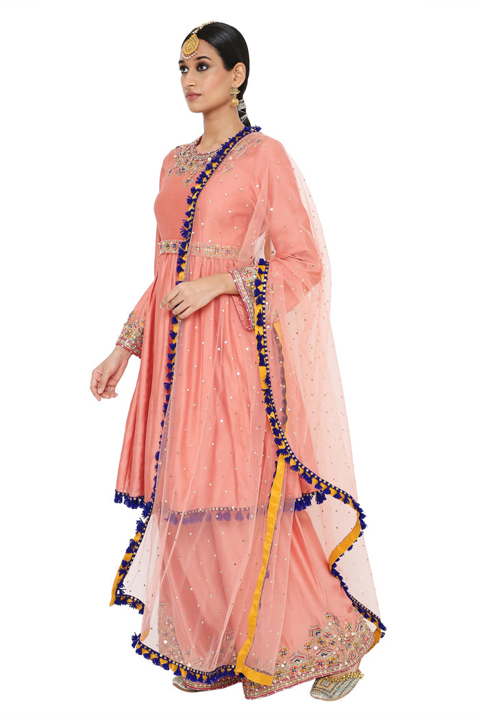 Tahira Coral Colour Embroidered Short Anarkali With Palazzo And Dupatta