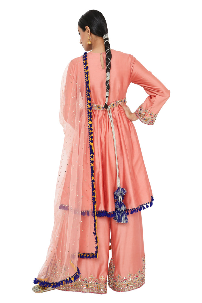 Tahira Coral Colour Embroidered Short Anarkali With Palazzo And Dupatta - The Grand Trunk