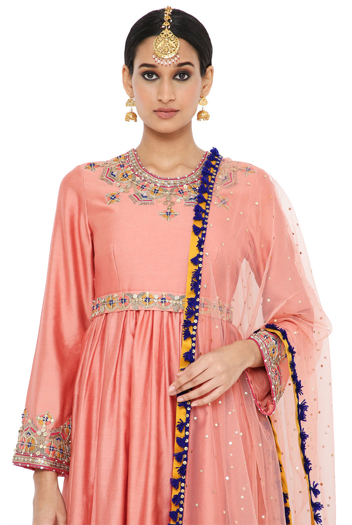 Tahira Coral Colour Embroidered Short Anarkali With Palazzo And Dupatta