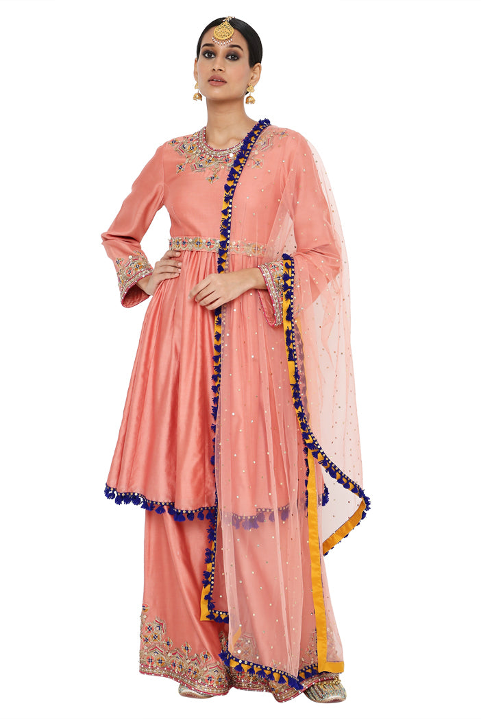 Tahira Coral Colour Embroidered Short Anarkali With Palazzo And Dupatta