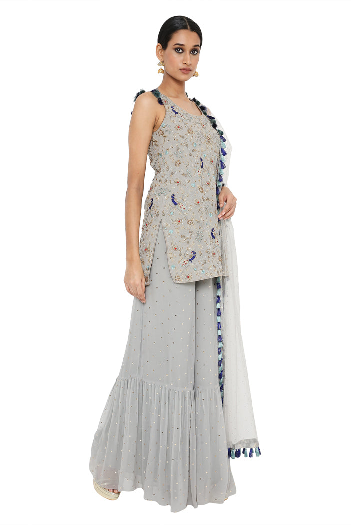 Payal Singhal Embroidered Kurta With Dot Mukaish Georgette Sharara And Dot Mukaish Net Dupatta