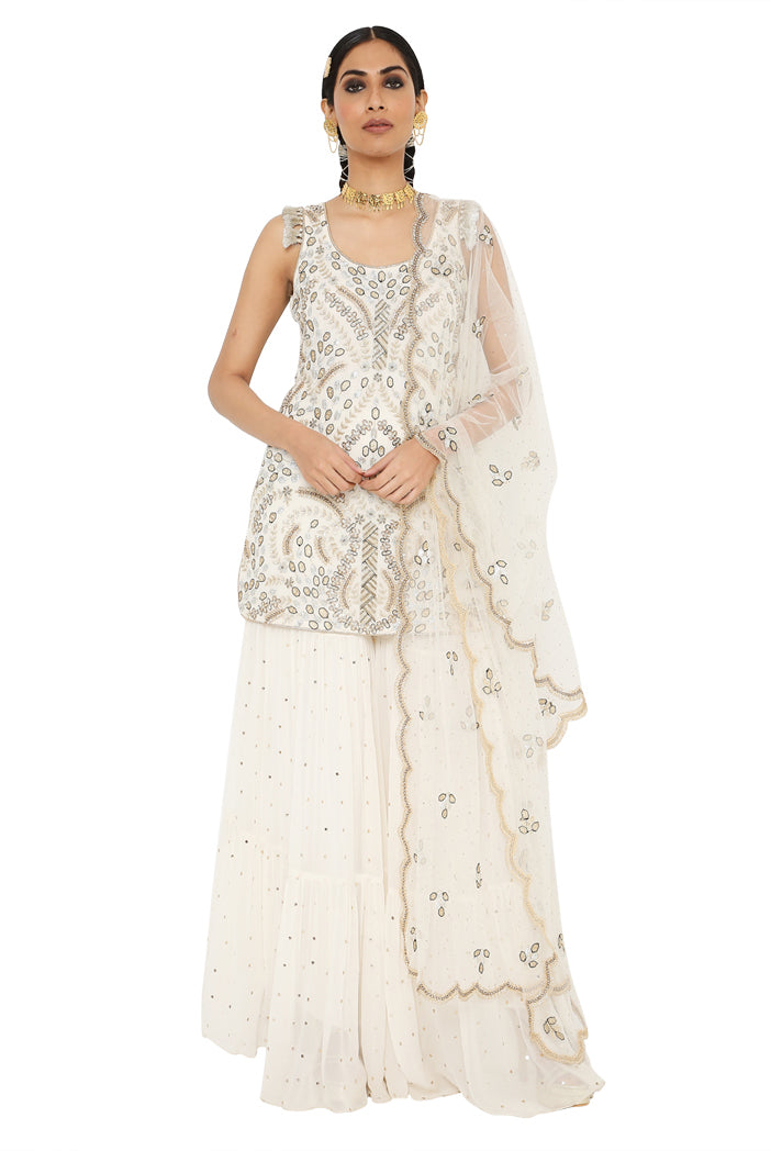 Payal Singhal  Embroidered Kurta With Sharara And Net Dupatta - The Grand Trunk