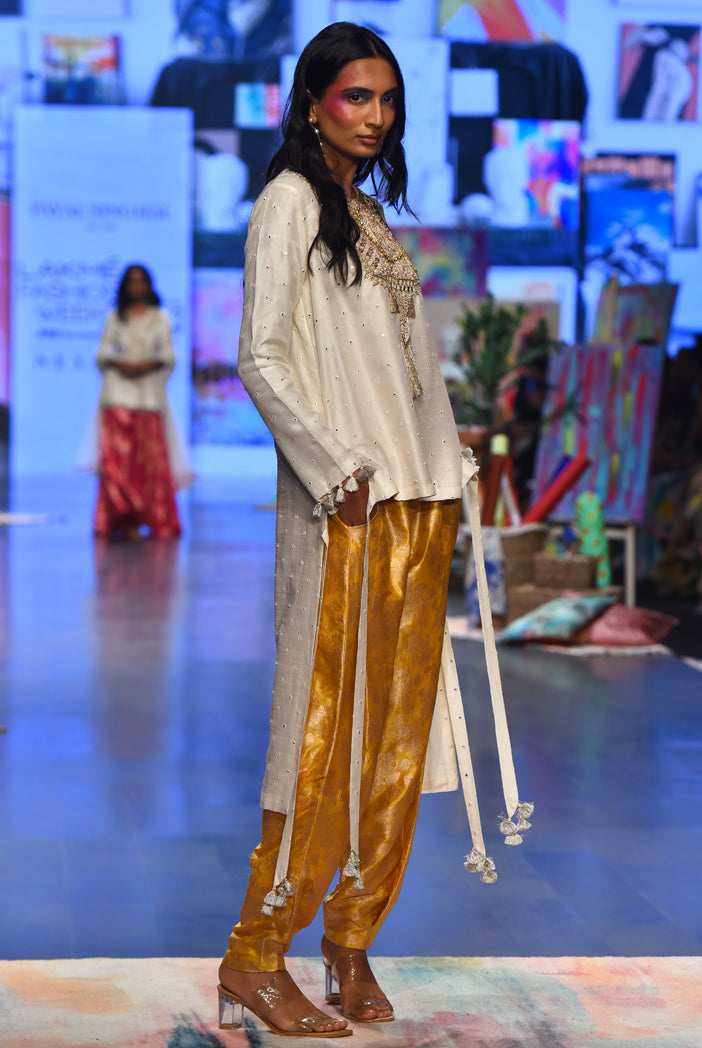 Off White Abla Silk Embroidered High Low Kurta With Mustard Brocade Constructed Pants.