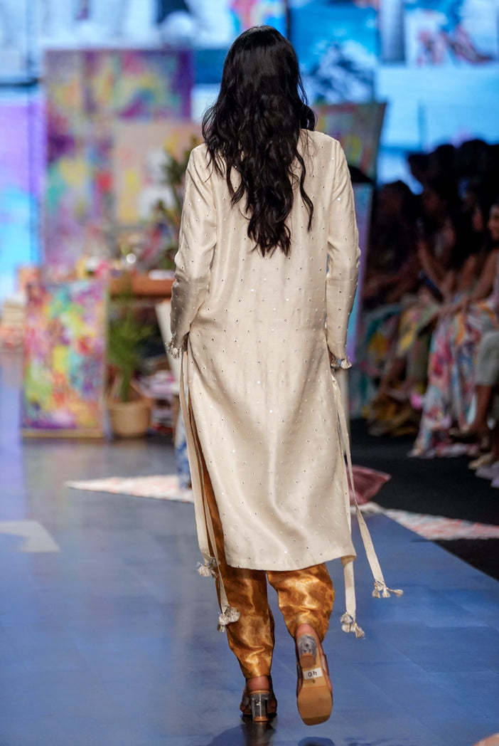 Off White Abla Silk Embroidered High Low Kurta With Mustard Brocade Constructed Pants.