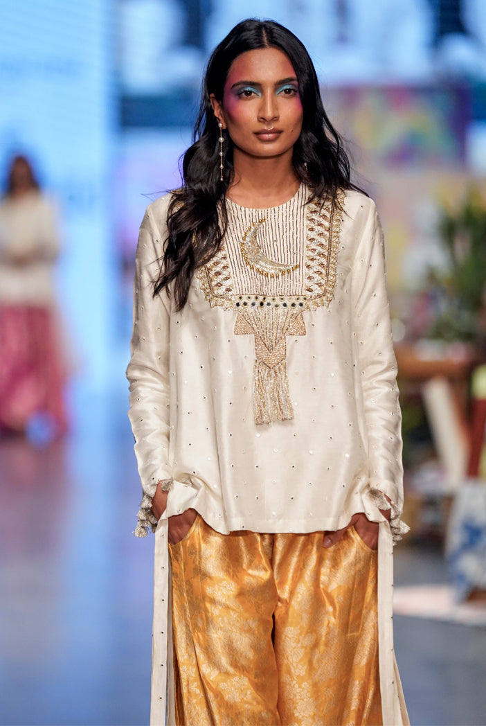 Off White Abla Silk Embroidered High Low Kurta With Mustard Brocade Constructed Pants.