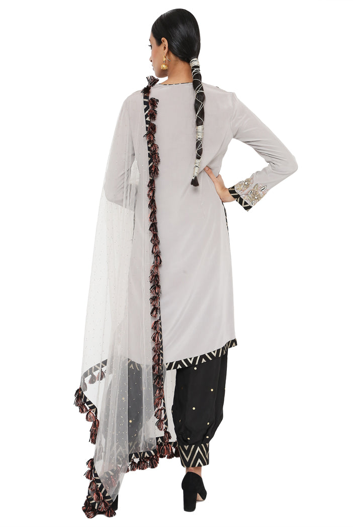 Payal Singhal Embroidered Kurta With Black Colour Jogger Salwar And Grey Colour Dupatta - The Grand Trunk