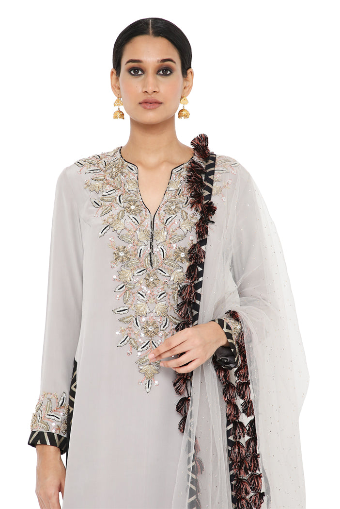 Payal Singhal Embroidered Kurta With Black Colour Jogger Salwar And Grey Colour Dupatta - The Grand Trunk