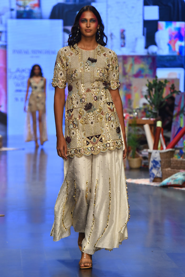 Off white georgette embroidered kurta with back cut out and abla silk sharara and net mukaish dupatta. - The Grand Trunk