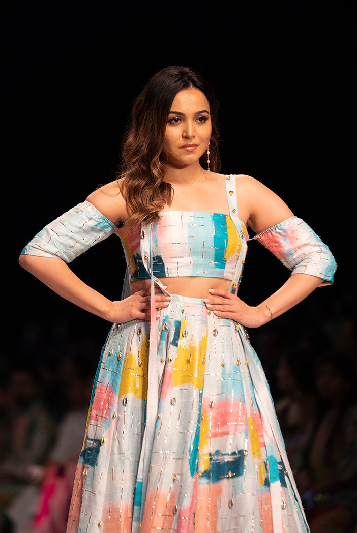 Painterly Print Dupion Silk Embroidered Top With A Lehenga.