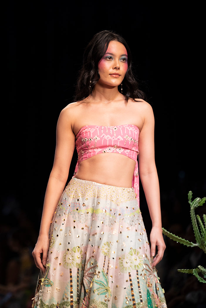 Pink Kite Georgette Printed Embroidered Bustier With Tropical Dupion Silk Printed Embroidered Lehenga And A Pink Mukaish Net Dupatta With Tassels
