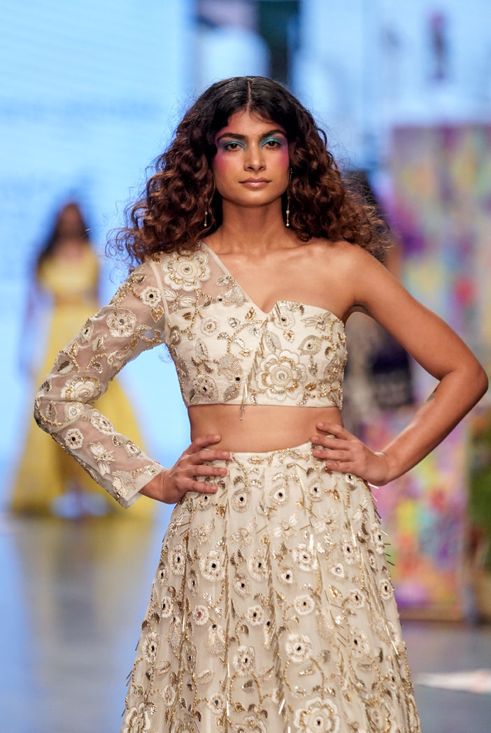 Off White Organza Embroidered One Shoulder Top Lehenga