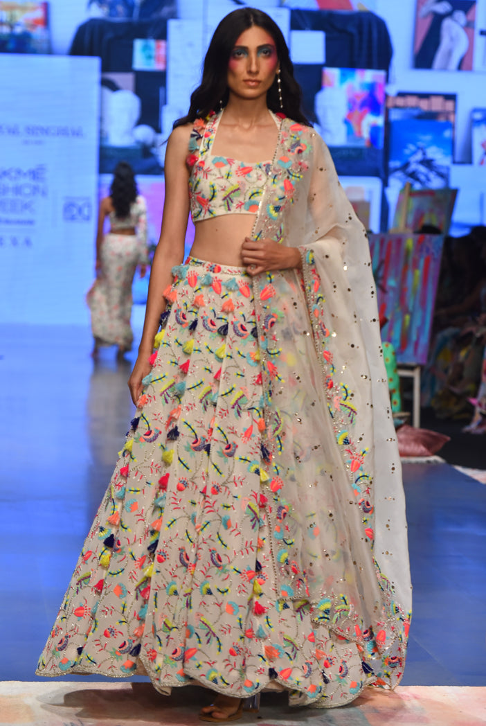Stone Georgette Embroidered Halter Top & Lehenga With Mukaish Organza Dupatta.