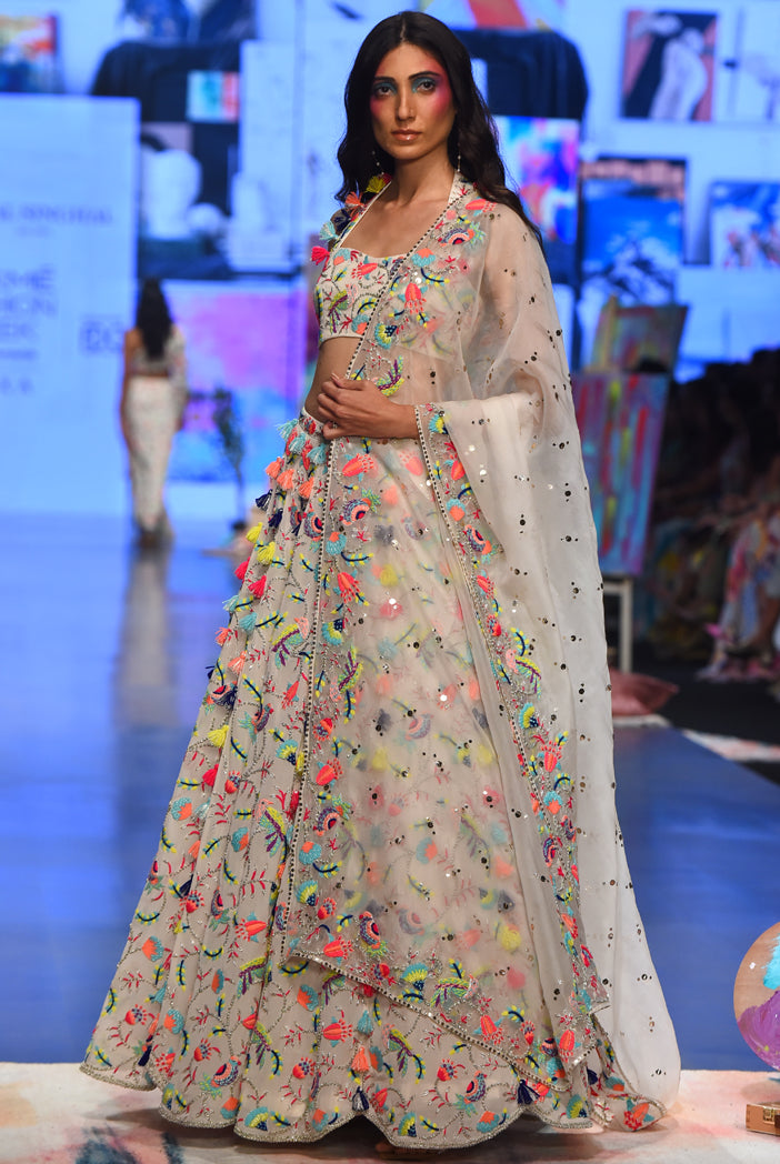 Stone Georgette Embroidered Halter Top & Lehenga With Mukaish Organza Dupatta.