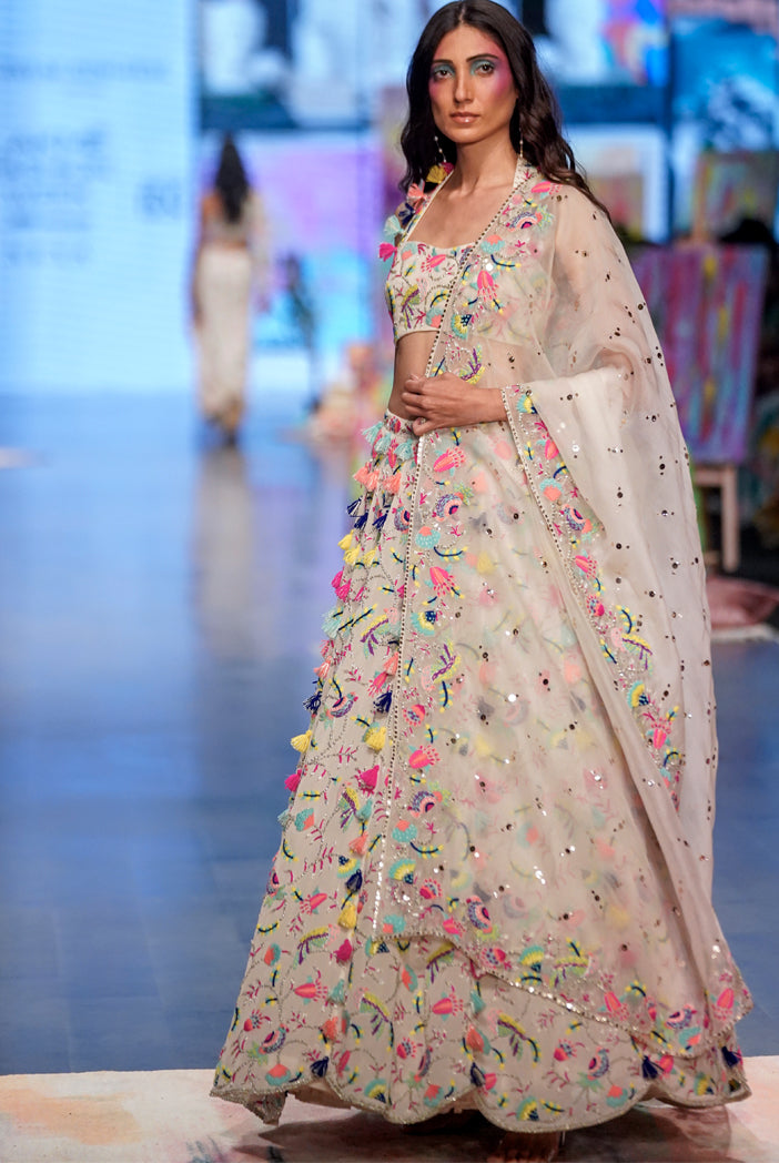 Stone Georgette Embroidered Halter Top & Lehenga With Mukaish Organza Dupatta.