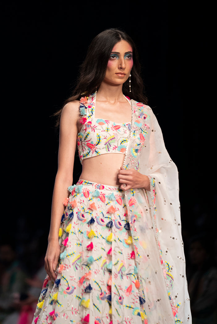 Stone Georgette Embroidered Halter Top & Lehenga With Mukaish Organza Dupatta.