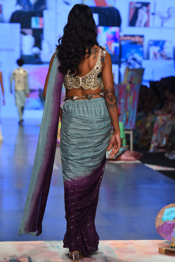 Off white georgette embroidered choli with powder blue and purple georgette sequins saree. - The Grand Trunk