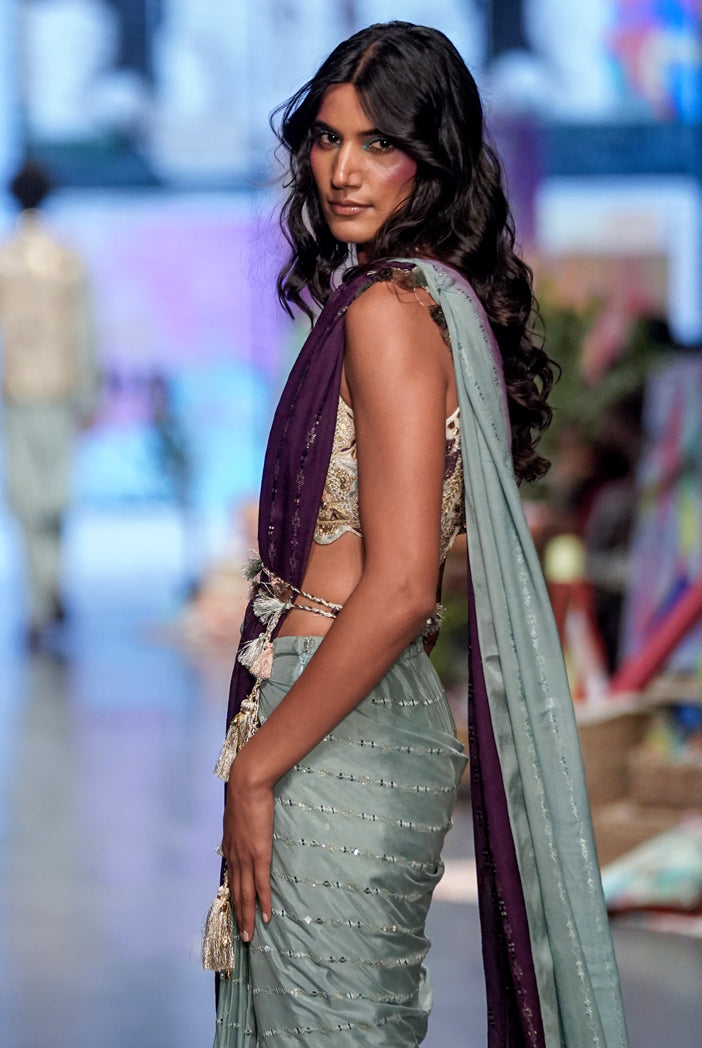 Off White Georgette Embroidered Choli With Powder Blue And Purple Georgette Sequins Saree