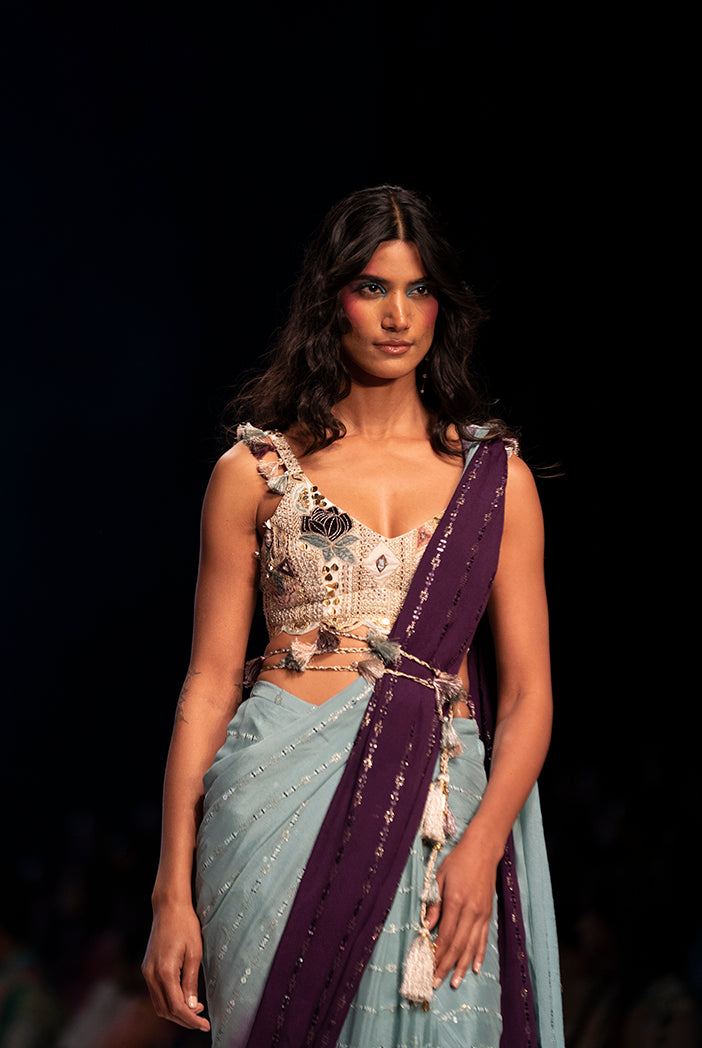 Off white georgette embroidered choli with powder blue and purple georgette sequins saree. - The Grand Trunk