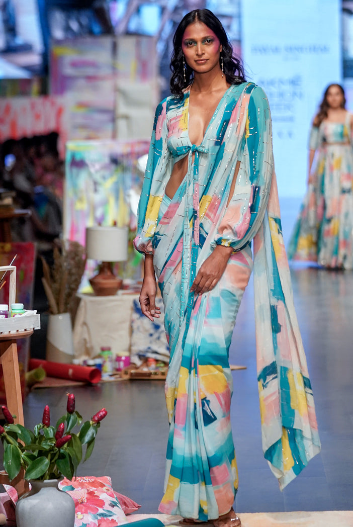 Blue Painterly Print Georgette Embroidered Front Tie Up Choli And Pre Stitched Saree With Embroidered Pallu