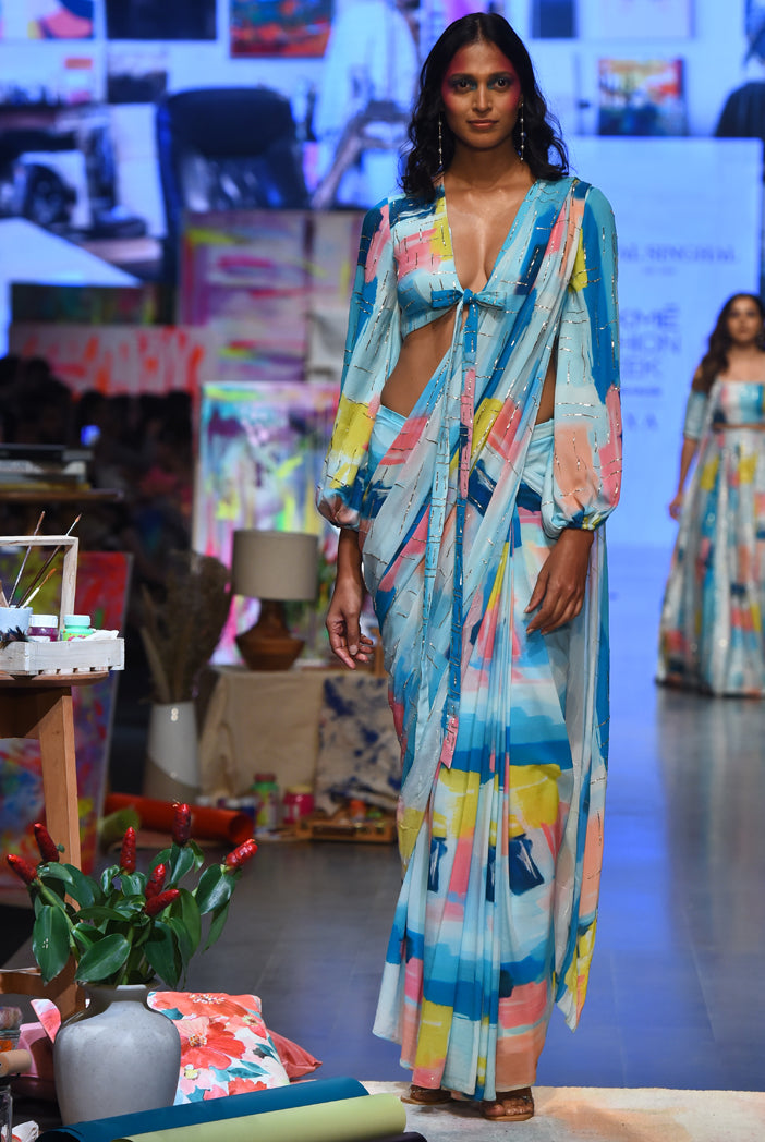 Blue Painterly Print Georgette Embroidered Front Tie Up Choli And Pre Stitched Saree With Embroidered Pallu