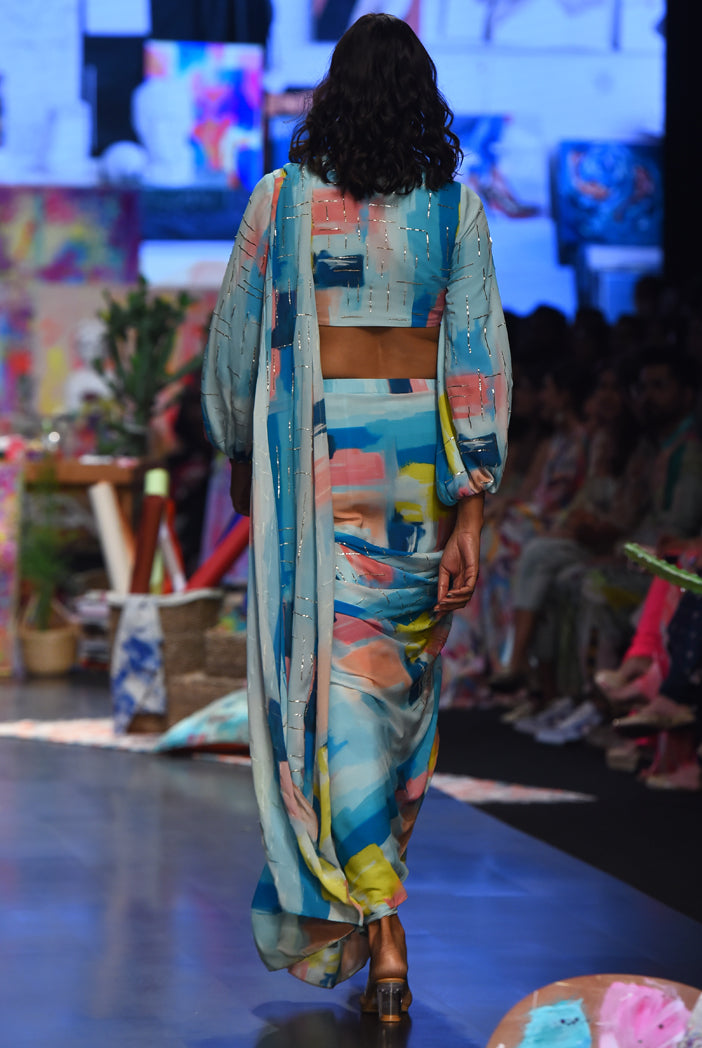 Blue Painterly Print Georgette Embroidered Front Tie Up Choli And Pre Stitched Saree With Embroidered Pallu