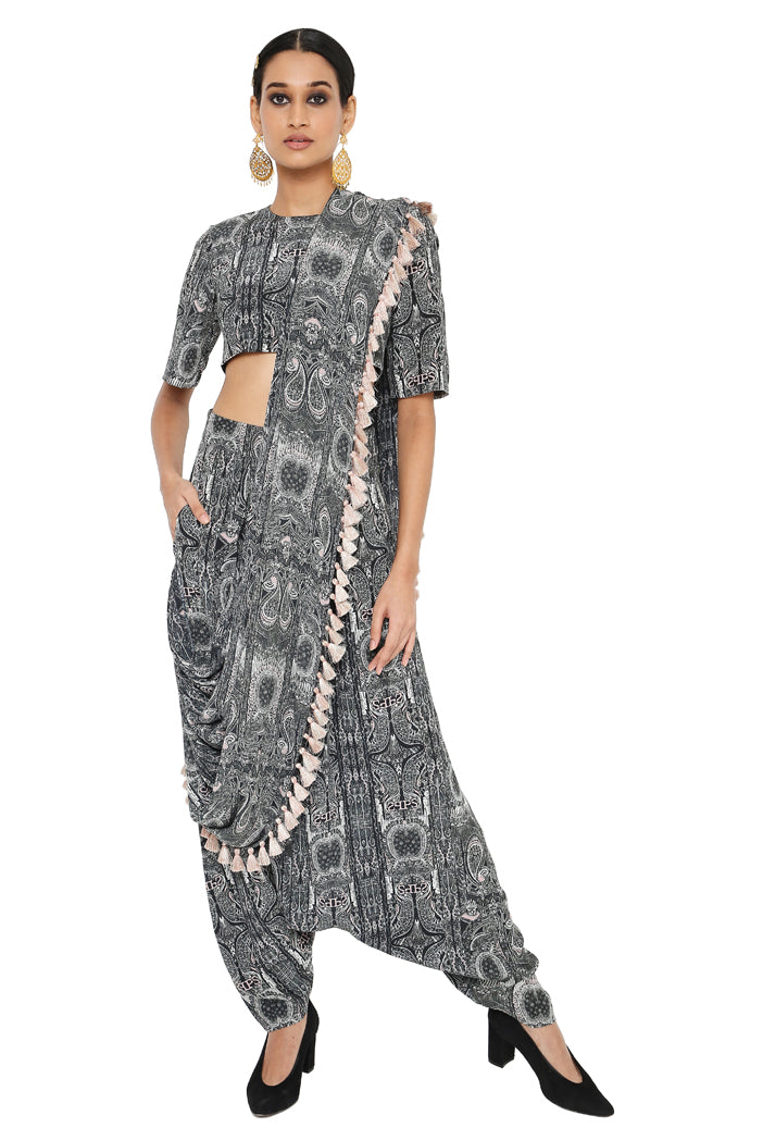 Payal Singhal Printed Blouse And Low Crotch Pants With Attached Drape
