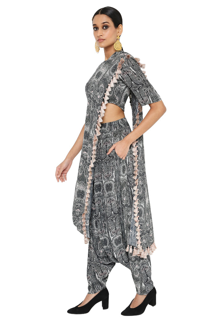 Payal Singhal Printed Blouse And Low Crotch Pants With Attached Drape