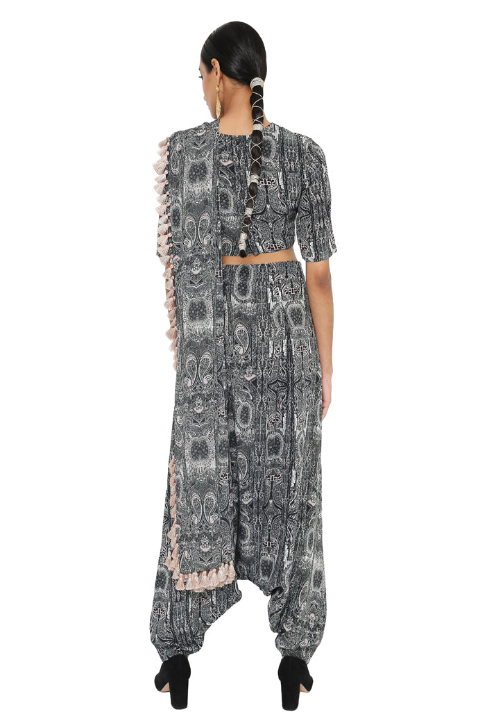 Payal Singhal Printed Blouse And Low Crotch Pants With Attached Drape