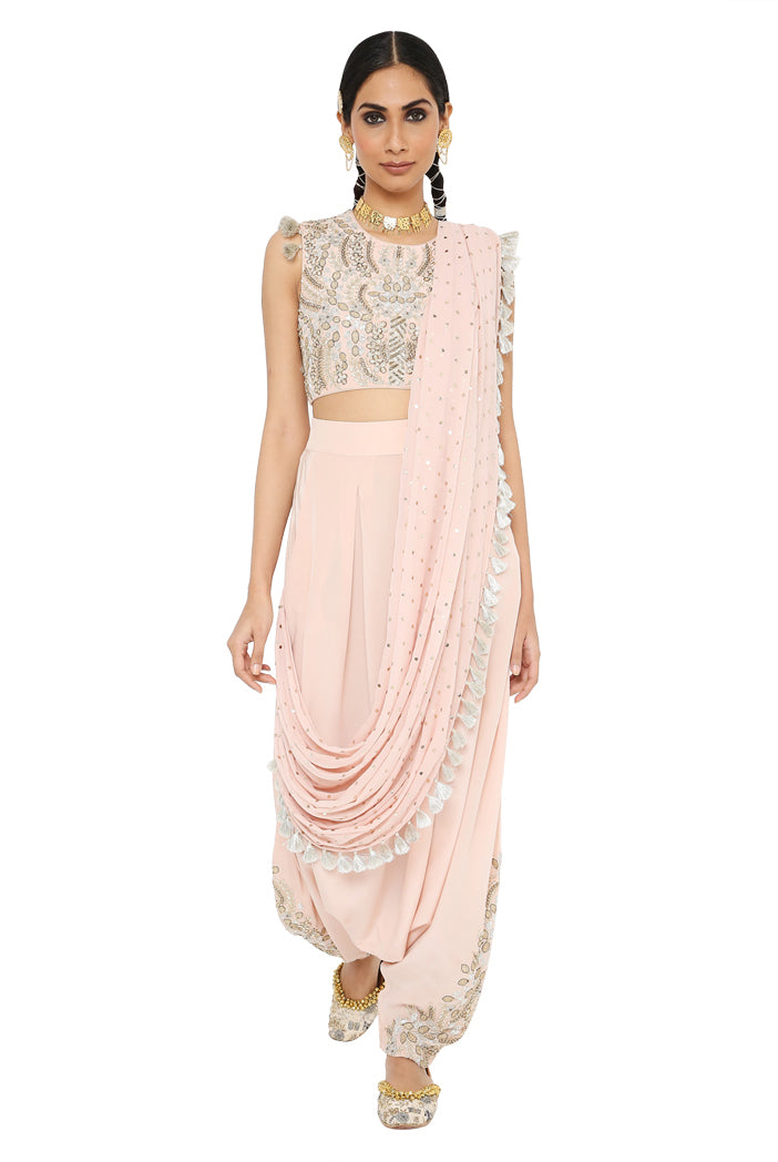 Suroor Rose Pink Colour Embroidered Choli And Dhoti With Drape