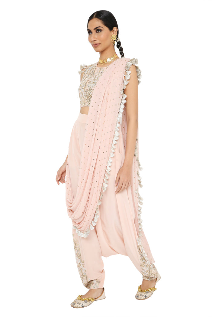 Suroor Rose Pink Colour Embroidered Choli And Dhoti With Drape