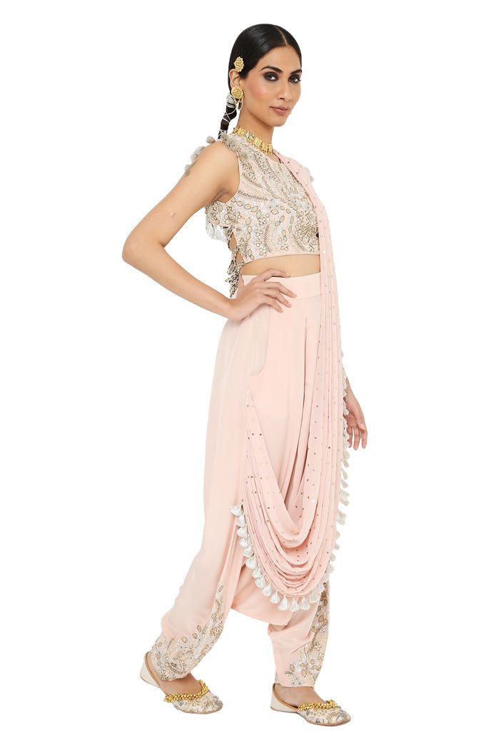 Suroor Rose Pink Colour Embroidered Choli And Dhoti With Drape