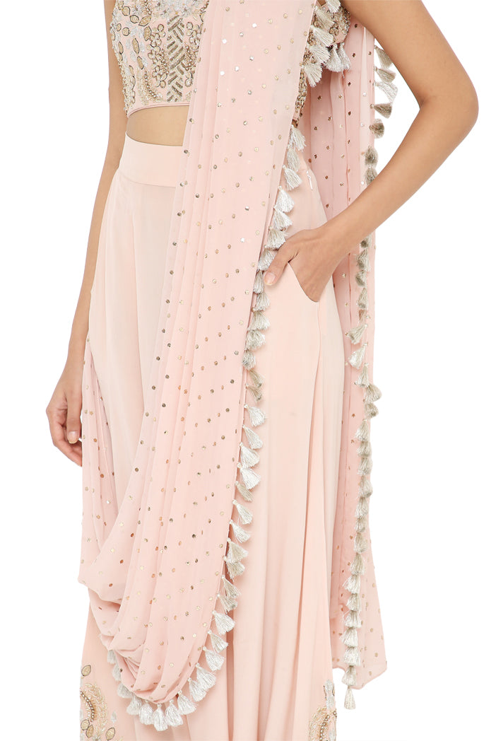 Suroor Rose Pink Colour Embroidered Choli And Dhoti With Drape
