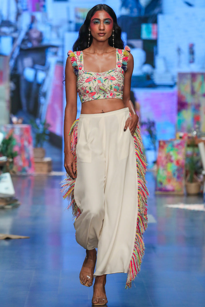 Stone Georgette Embroidered Bustier With Plain Georgette Cropped Culotte Pants