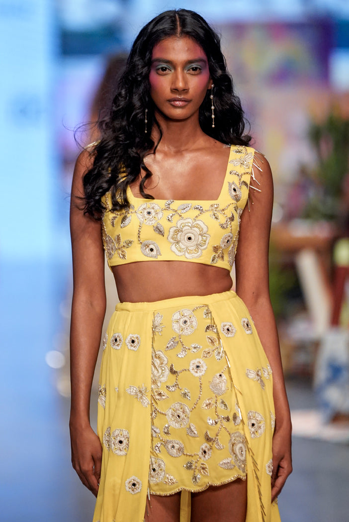 Yellow Georgette Embroidered Top And Skirt Mukaish Net Dupatta