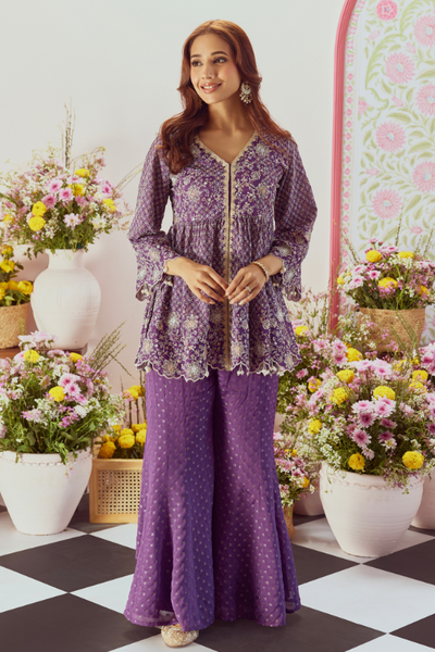 Mulmul Banarsi Ghunghroo Purple Top With Mulmul Banarsi Ghunghroo Purple Sharara - The Grand Trunk