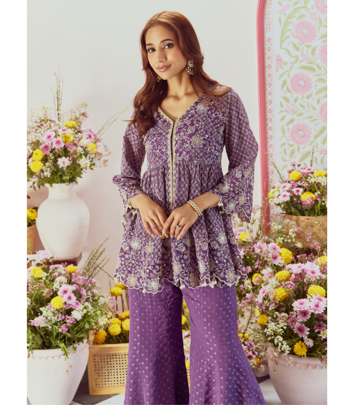 Mulmul Banarsi Ghunghroo Purple Top With Mulmul Banarsi Ghunghroo Purple Sharara
