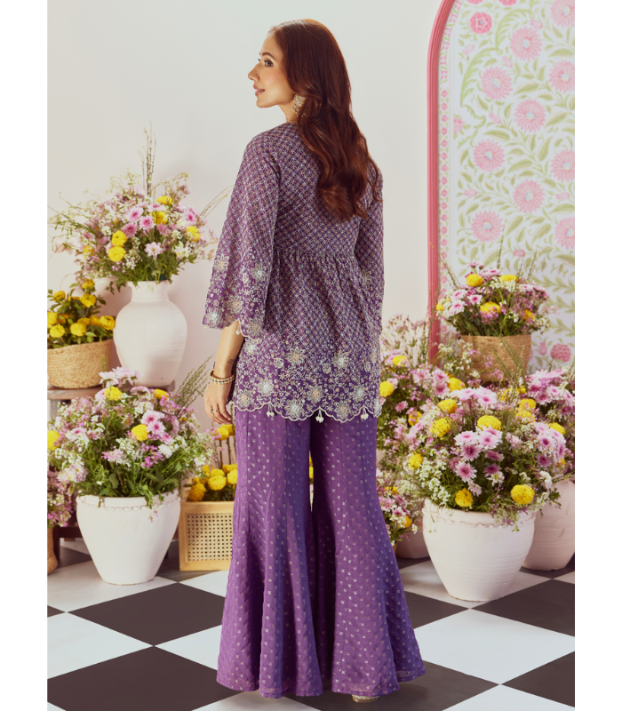 Mulmul Banarsi Ghunghroo Purple Top With Mulmul Banarsi Ghunghroo Purple Sharara
