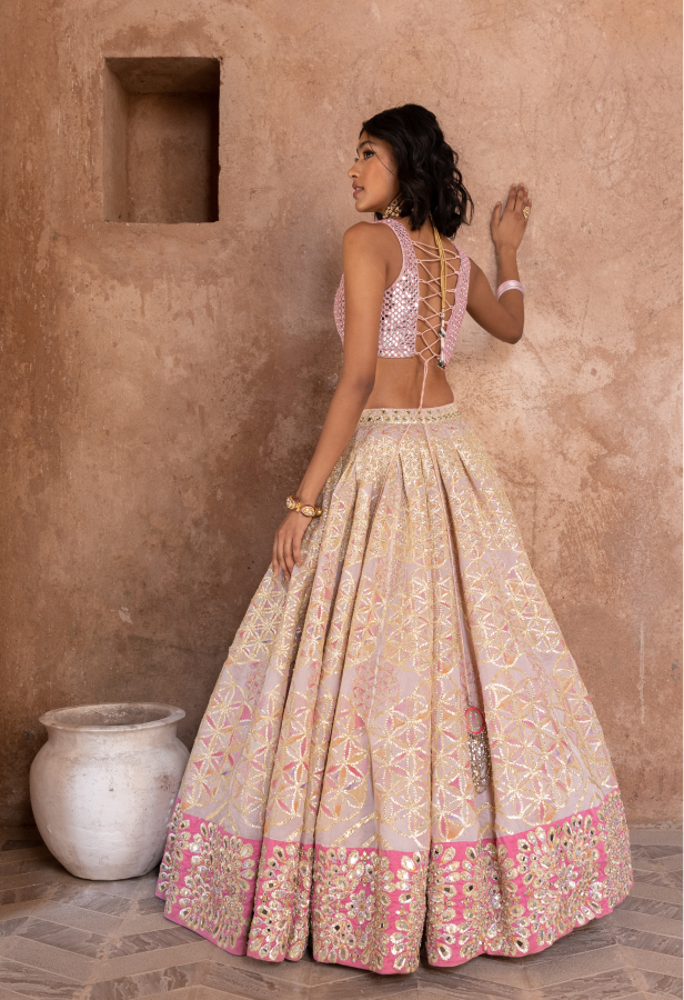 Abhinav Mishra Hand Embroidered Blouse With Printed Lehenga