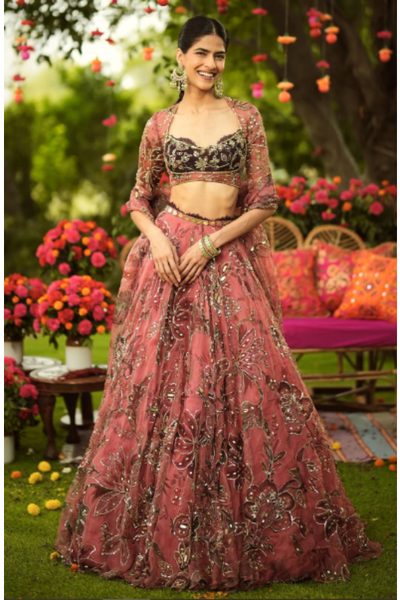 MAYA - Heavy Hand Embroidered Choli Cut Blouse And Lehenga With Lace Detailing Paired With Dupatta - The Grand Trunk