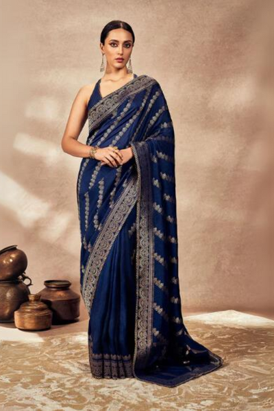 Navy Blue Jacquard Saree - The Grand Trunk