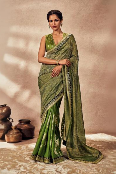 Green Palm Blooms Tissue Saree - The Grand Trunk