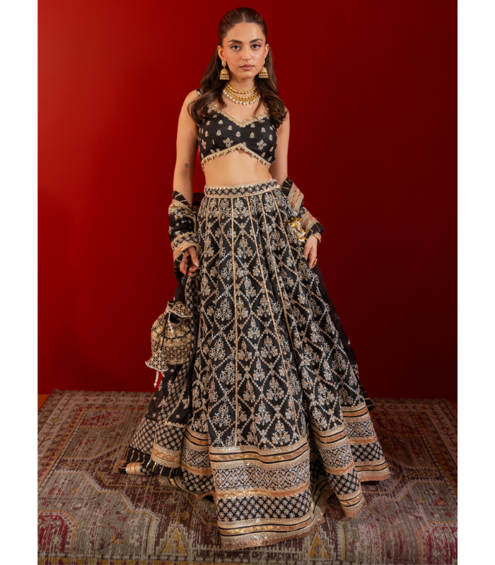 Mulmul Bemberg Silk Anton Black Lehenga