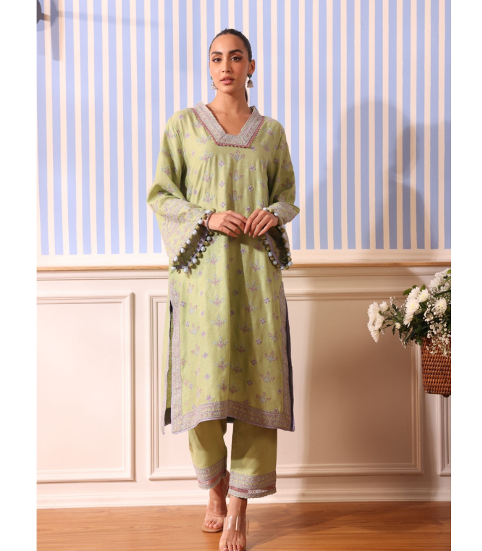 Mulmul Linen Shileh Pink Kurta With Mulmul Linen Shileh Pink Pant