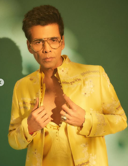 Karan Johar in Threadwork And Ganesh Mantra Embroidered In Zardozi Sherwani Kurta Pant Set