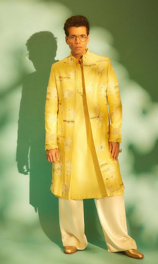 Karan Johar in Threadwork And Ganesh Mantra Embroidered In Zardozi Sherwani Kurta Pant Set