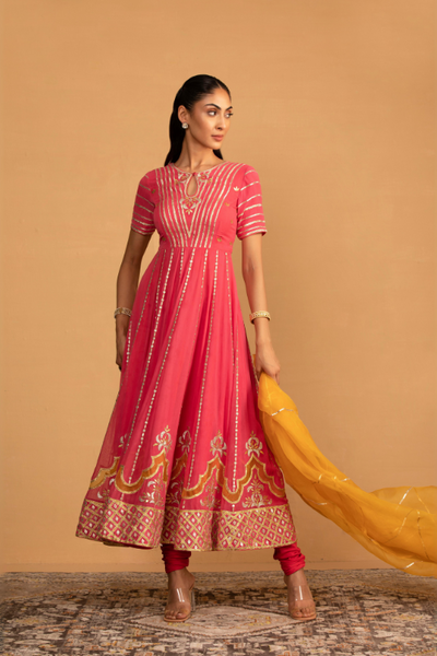 Peach Pink Anarkali Set - The Grand Trunk