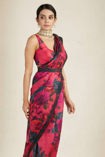 Hot Pink Floral Saree Set - The Grand Trunk