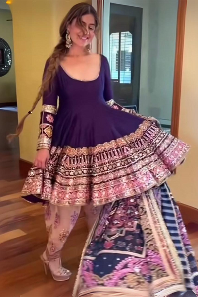 Purple kurta set with multicolor dupatta - The Grand Trunk