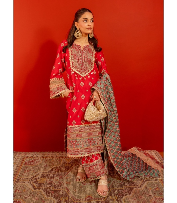 Mulmul Pima Satin Shagun Red Kurta With Mulmul Pima Satin Shagun Red Pant