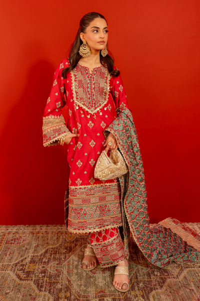 Mulmul Pima Satin Shagun Red Kurta With Mulmul Pima Satin Shagun Red Pant - The Grand Trunk